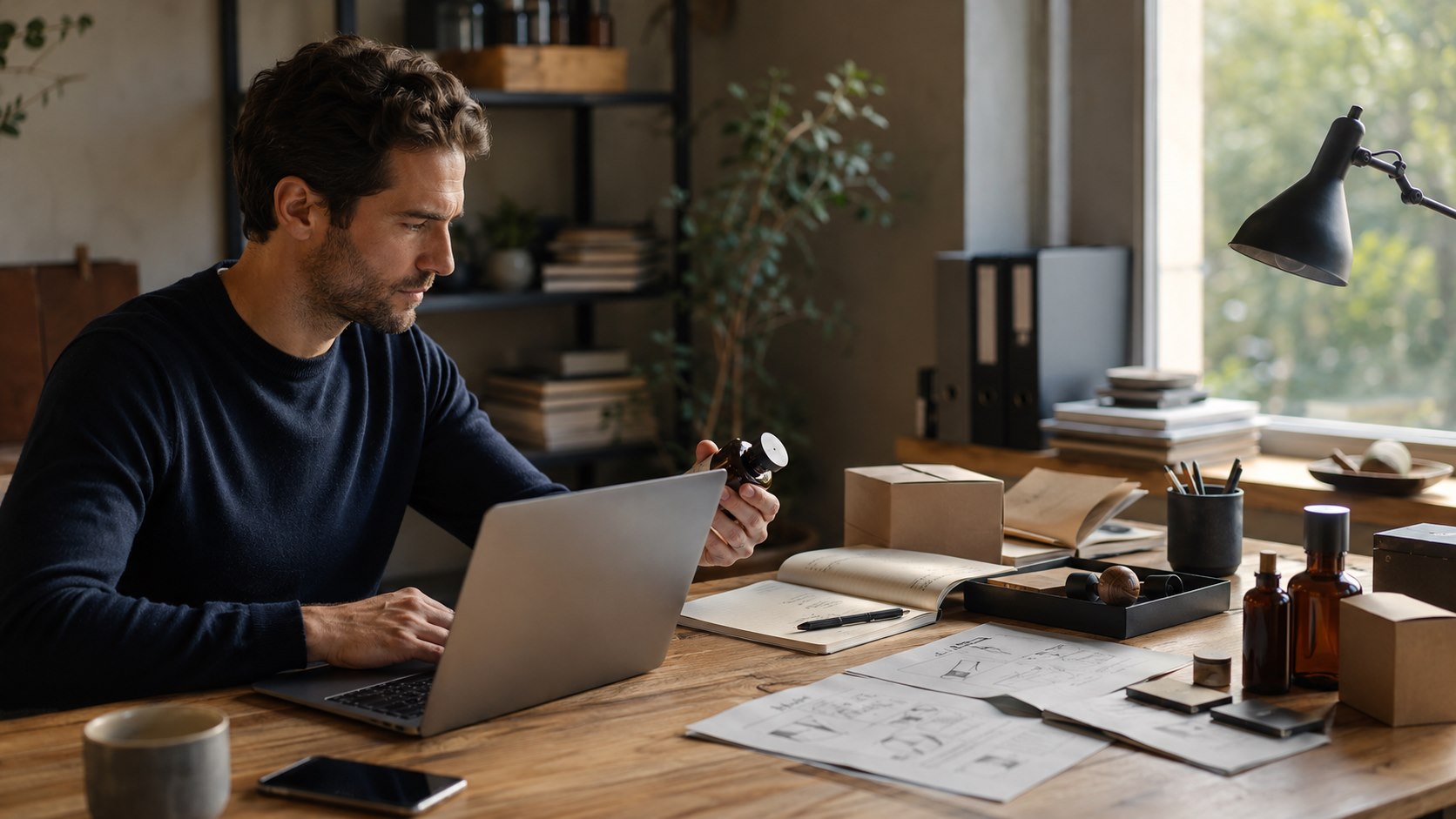 Photographie éditoriale d’un entrepreneur développant ses produits et son activité depuis son atelier.