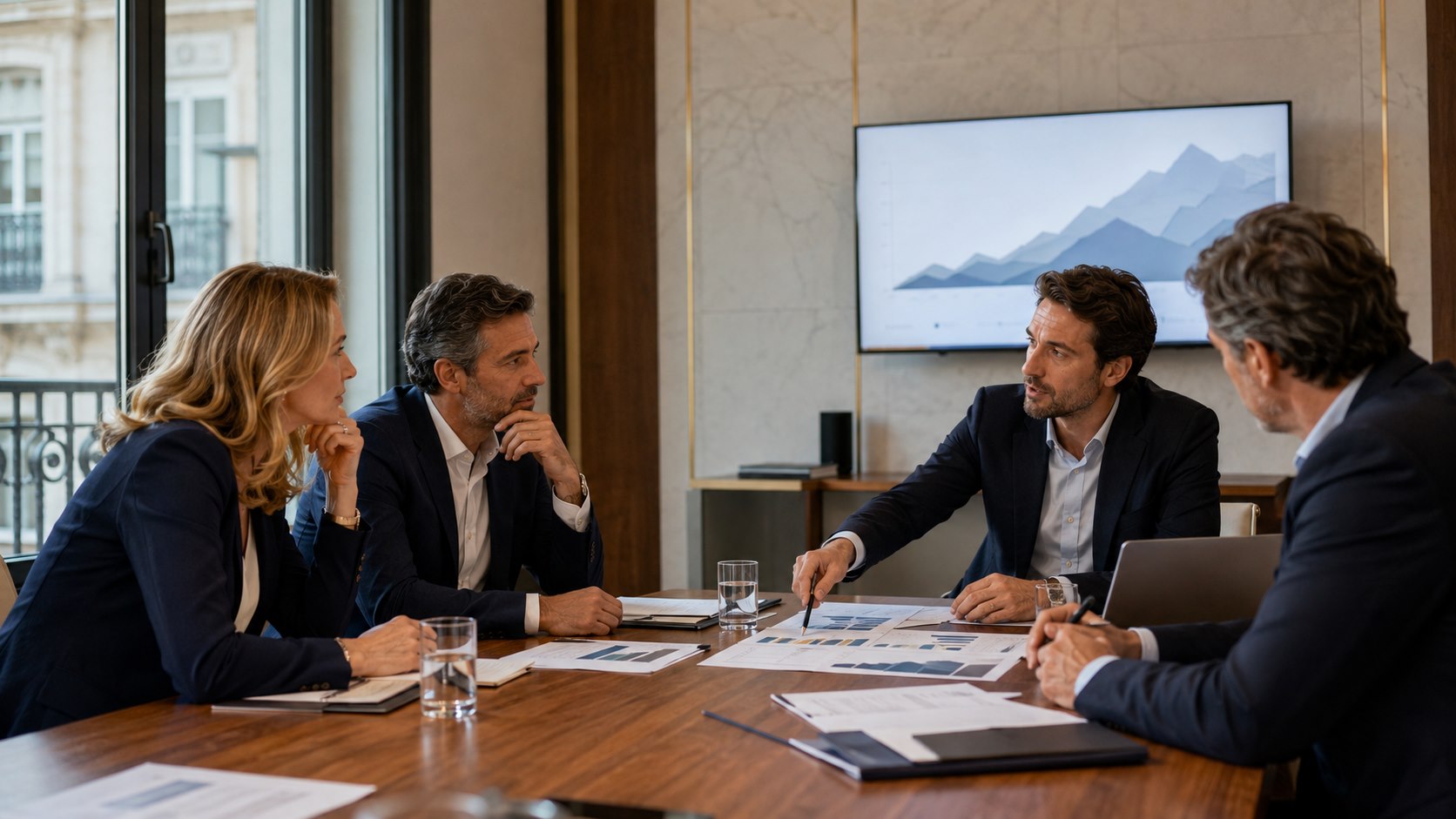 Photographie éditoriale d’une réunion de dirigeants consacrée à une stratégie de croissance.