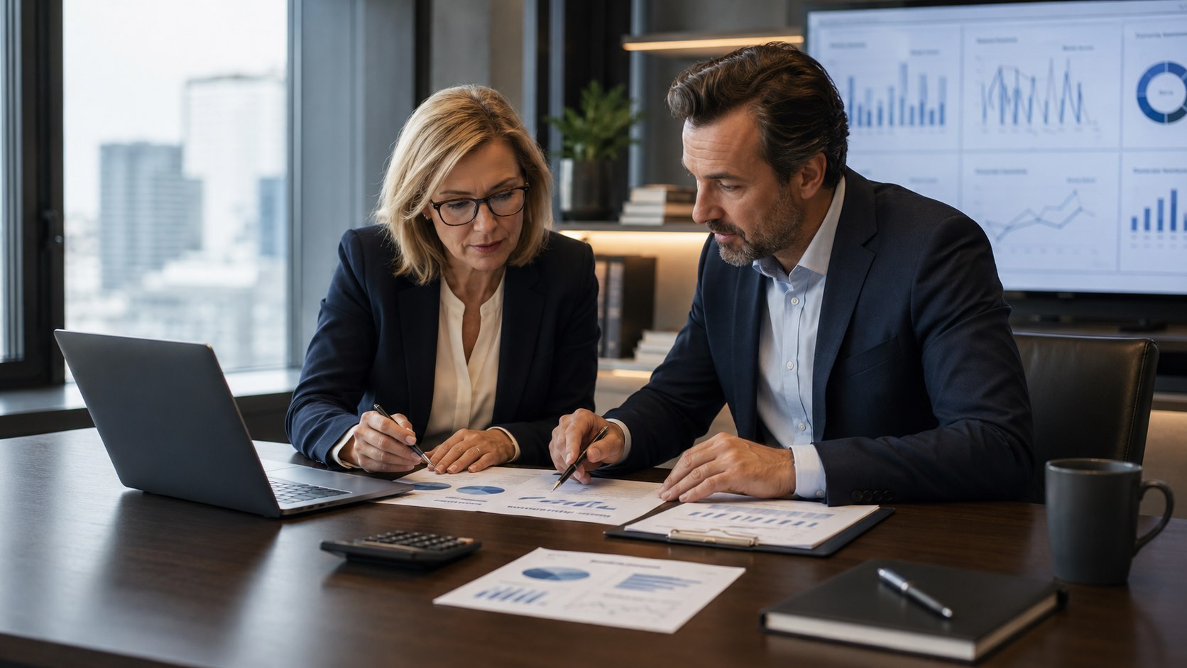 Photographie éditoriale de deux consultants analysant le retour sur investissement d’un projet.