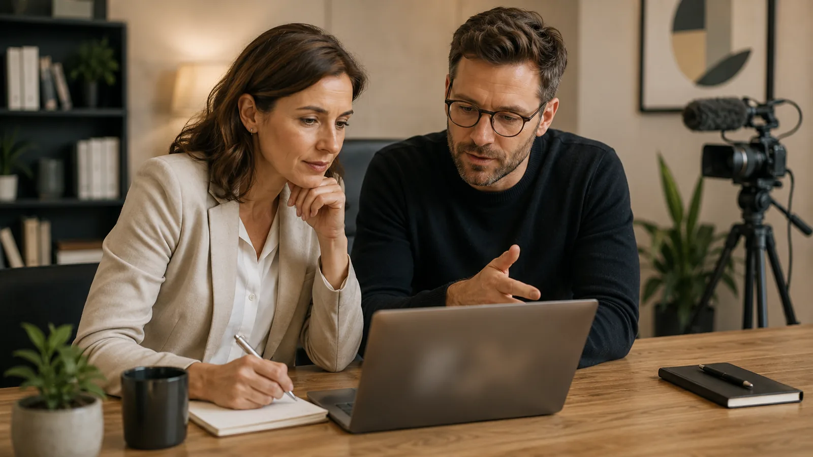 Une consultante et un créateur de contenu B2B examinent ensemble une opportunité professionnelle.